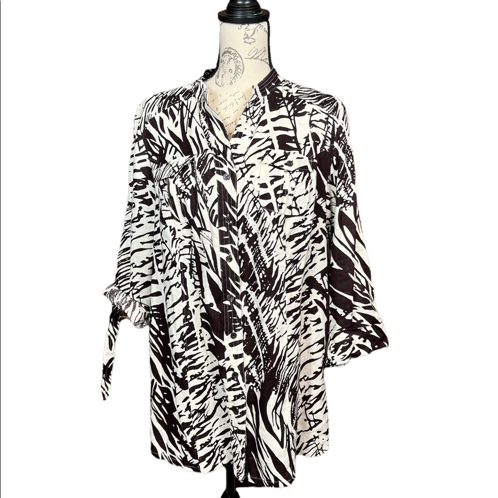 LAURA ASHLEY Womens M Linen Blouse Tunic 3/4 Sleeve Brown Button V-Neck New